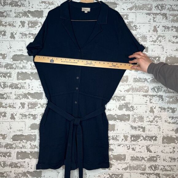Loft | women navy blue gauzy romper shorts button up - Picture 6 of 12